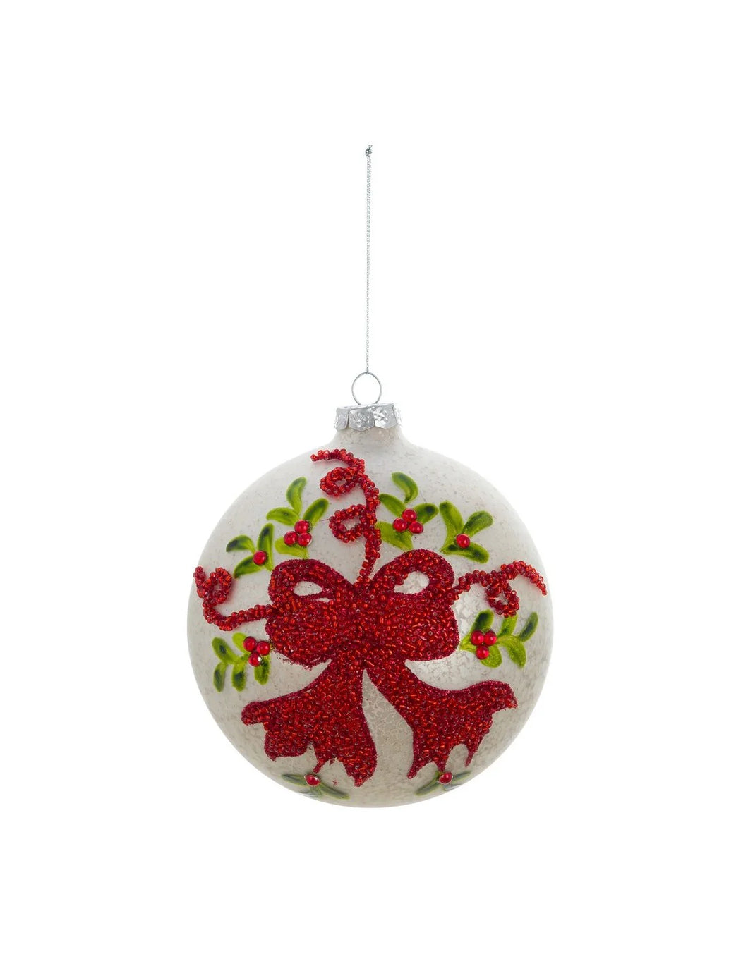 Decorazione Natalizia Tonda in Vetro con Fiocco Rosso e Agrifoglio