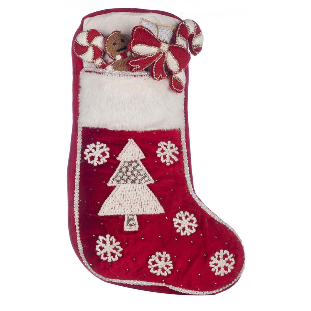 Cuscino Natalizio in Velluto a Forma di Calza Ricamata 33x55 cm