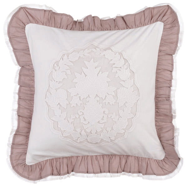 Cuscino bianco e rosa con gale 45×45 cm